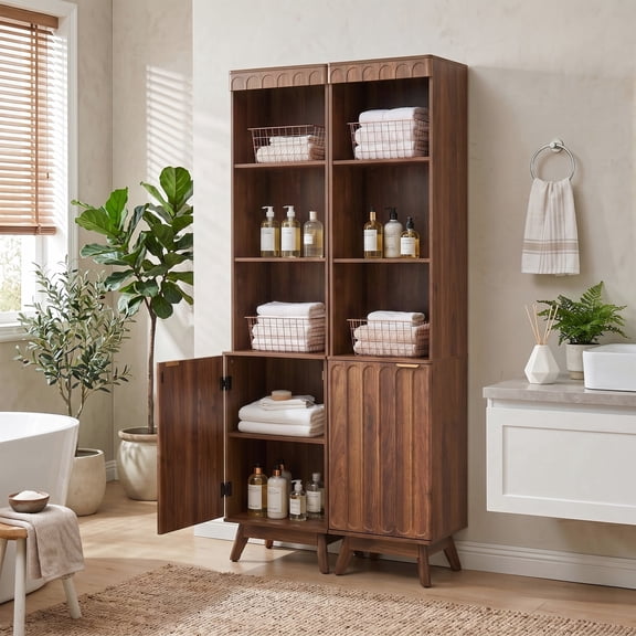 70" Tall 2 Pack Freestanding Bathroom Storage Cabinet with Adjustable Shelves, Arched Decor & Anti-Slip Feet, Walnut Space-Saving Organizer for Living Room