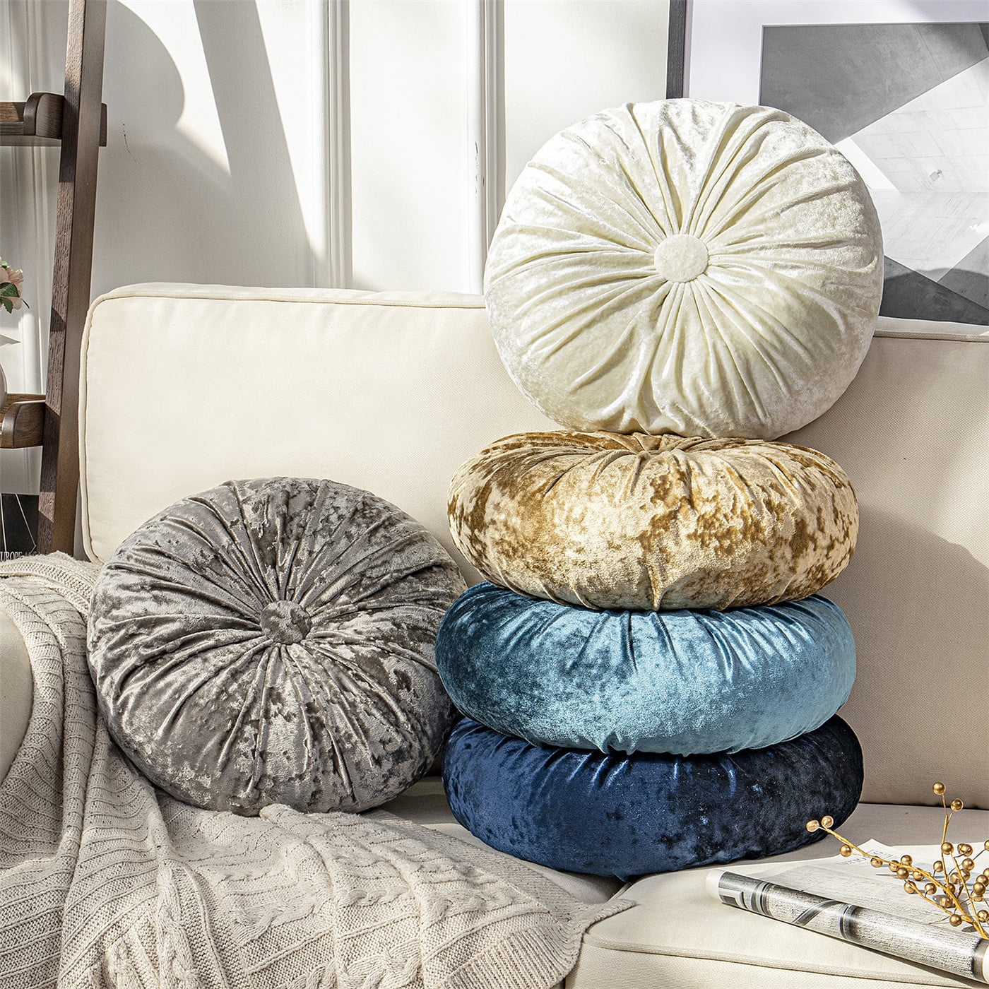 Phantoscope Crushed Velvet Pleated Round Pumpkin Floor Pillow Series Decorative Throw Pillow, 16" x 16" Round, Navy, 1 Pack