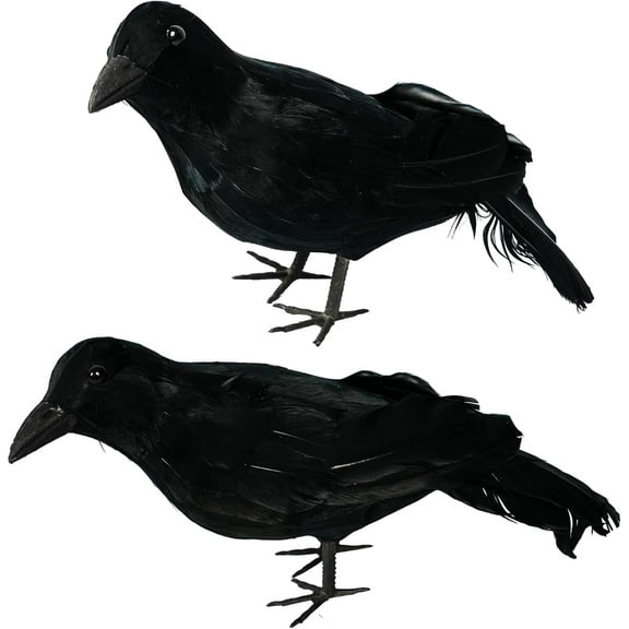 Halloween Black Feathered Crows, 3 Pack Black Crows with Real Feather Halloween Decoration for Indoor Outdoor