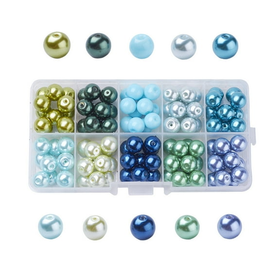 AISAMEFE 200pcs Blue Green Colors Glass Beads 8mm Jewelry Making DIY Round Glass Imitation Pearl Beads Strands for Handmade Jewelry Necklace Craft Making with a Storage Box