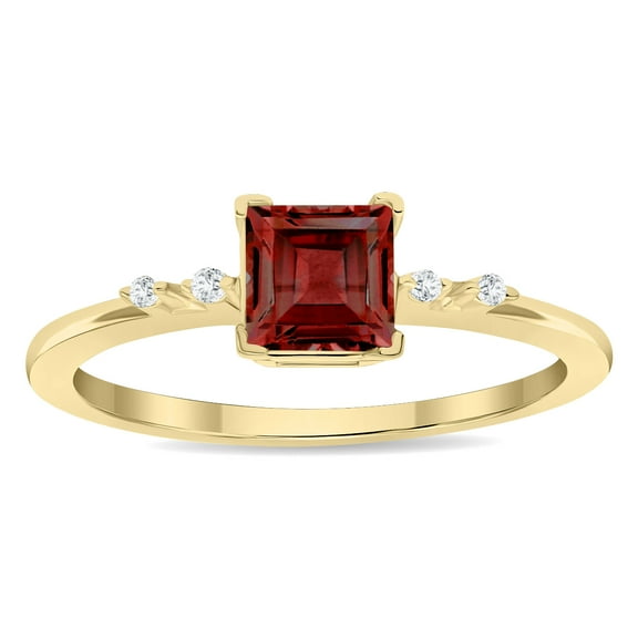 SZUL Women's Square Shaped Garnet and Diamond Sparkle Ring in 10K Yellow Gold