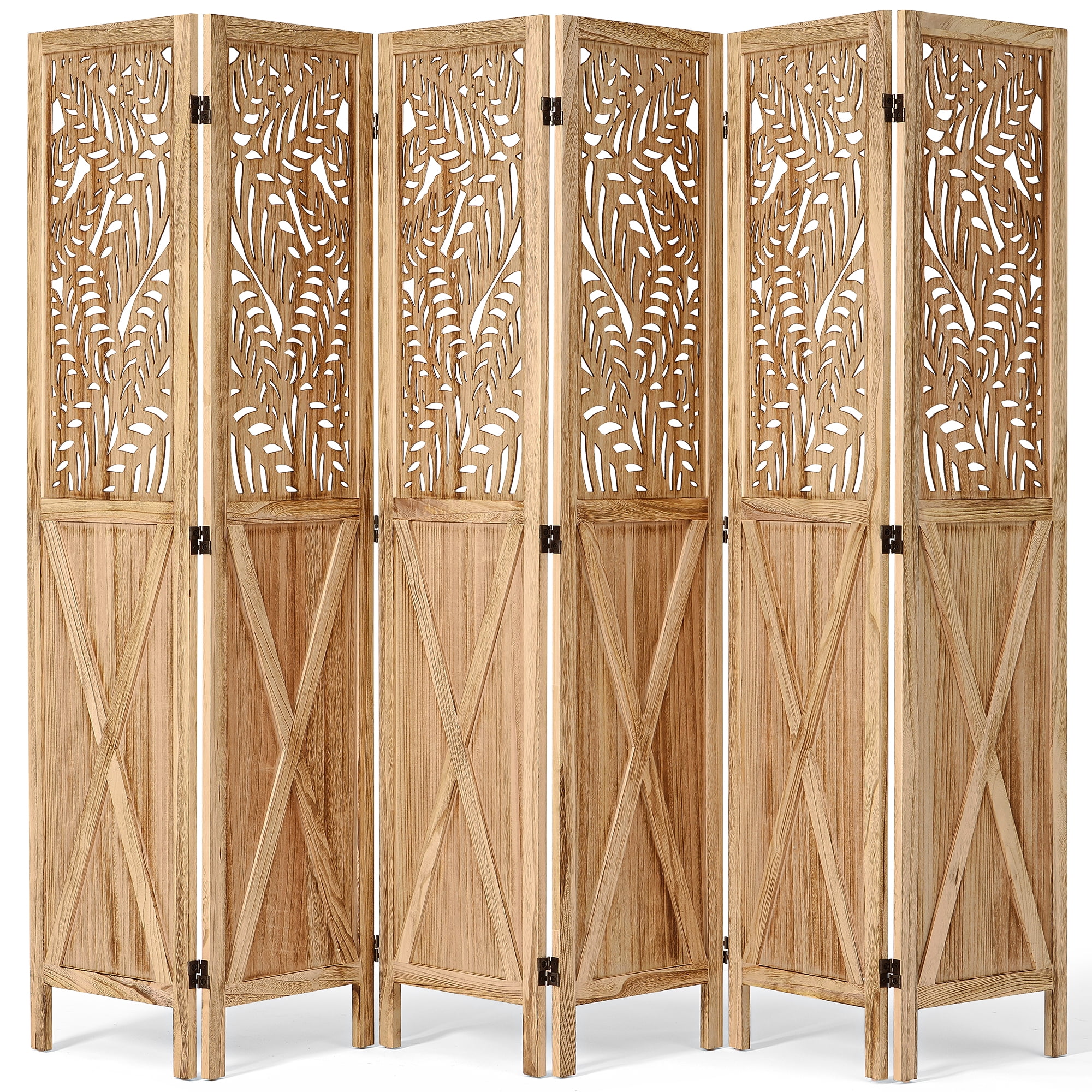 Jostyle 6 Panel Solid Wood Room Divider Privacy Screen - Freestanding Folding Partition with Barn Door Openwork Design, Paulownia Wood Frame Natural, No Assembly for Living Room, Bedroom, Office