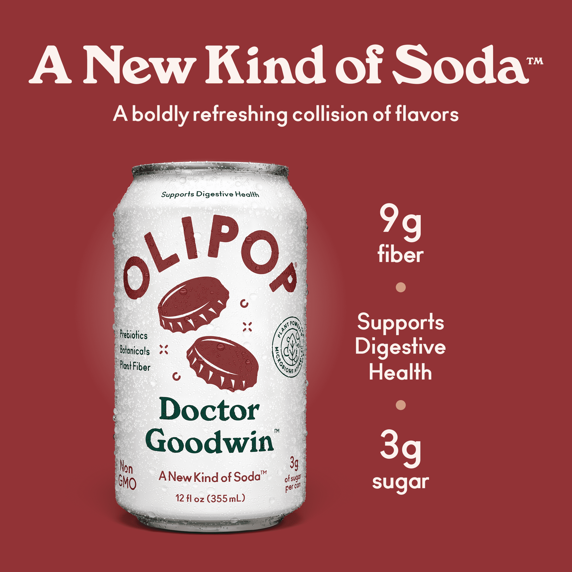 OLIPOP 9g Fiber Prebiotic Soda, Doctor Goodwin, 12 fl oz, Single, Refrigerated