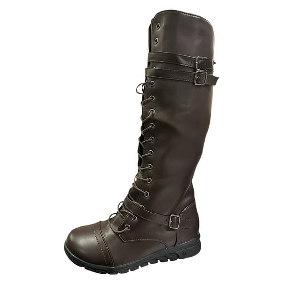 uvwlwu Boots for Women Foreign Trade Large Size Boots Barrel Boots Side Zipper Boots Flat Bottom Belt Buckle Leather Boots(Size:37)