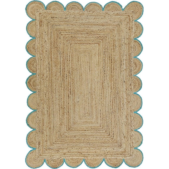 Turquoise Scalloped Natural Jute Area Rug, Natural Red Boho Scallop Colored Trim