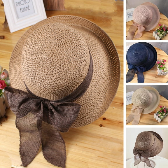 Yesbay Ribbon Bowknot Decor Straw Hat Round Dome Folding Women Big Brim Sunscreen Travel Hat Fashion Accessories