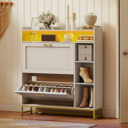 HOOBRO Shoe Cabinet Narrow Tipping Bucket Shoe Storage Organizer with Adjustable Shelves, Flip Drawers, LED Lights Entryway Hallway Coatroom White and Gold WT06DSC01