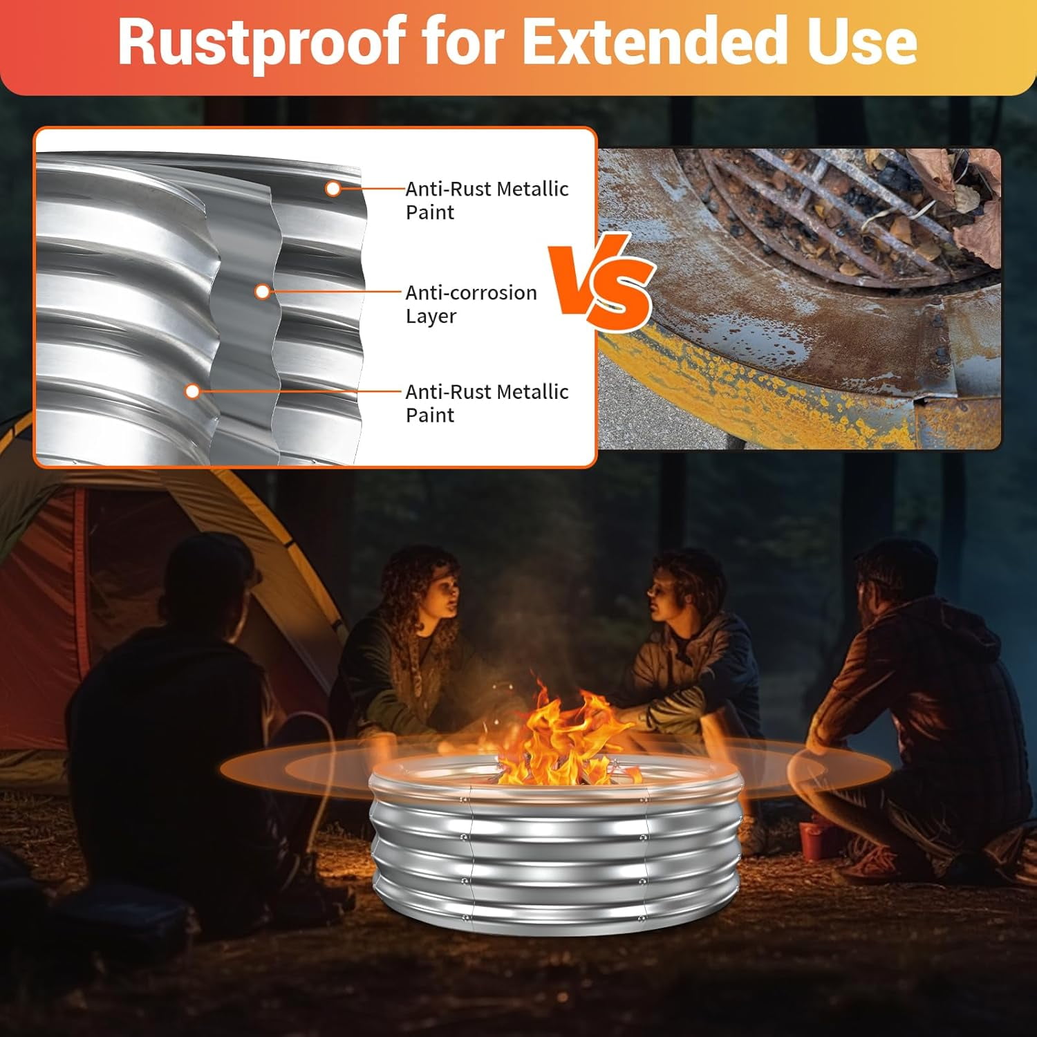 60 Inch Extra Large Heavy Duty Fire Pit Ring, 12" Tall High Heat Resistant Wood Burning Outdoor Fire Bowl, Galvanized Steel Portable for Backyard, Patio, Bonfire and Camping