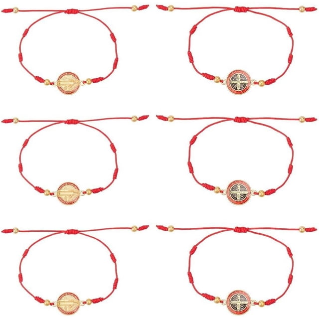 Pulsera de cordón ajustable de 6 piezas, pulsera de medalla Benedict, pulsera de hilo rojo, amuleto de protección, joyería de regalo