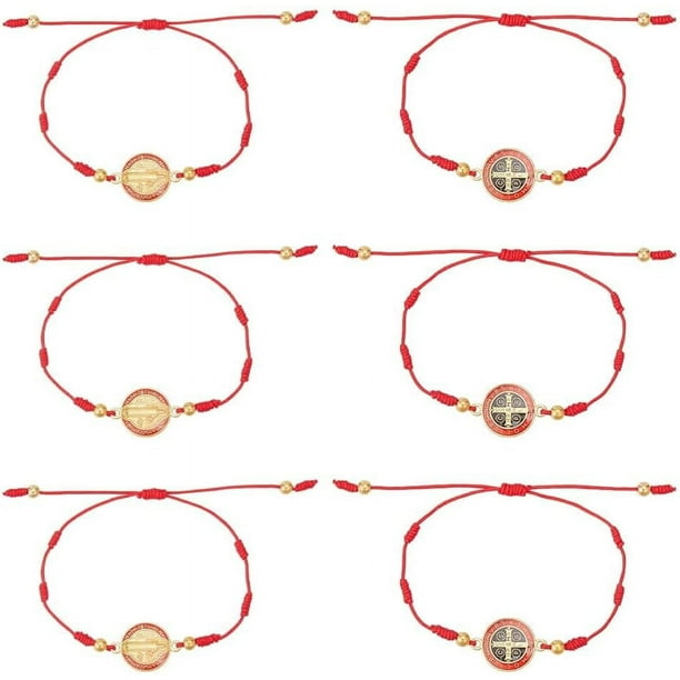 Pulsera de cordón ajustable de 6 piezas, pulsera de medalla Benedict, pulsera de hilo rojo, amuleto de protección, joyería de regalo