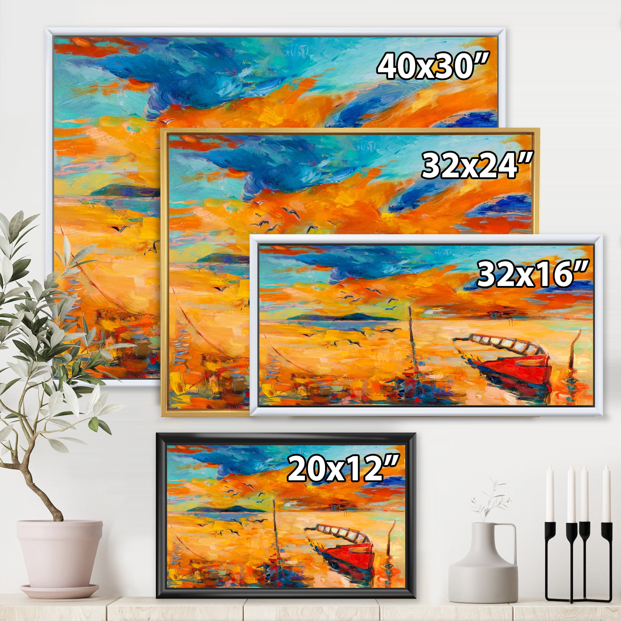 Designart 'Boat At The Lake During Evening Glow VIII' Nautical & Coastal Framed Canvas Wall Art Print