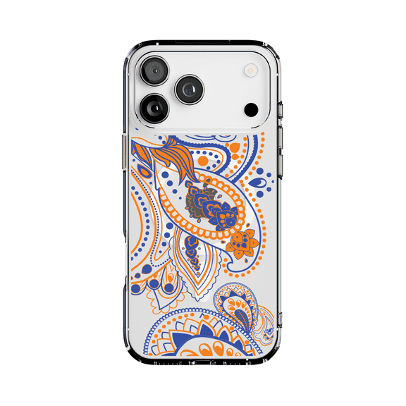 DistinctInk Hybrid Clear Case Compatible with MagSafe for iPhone 17 Pro Max- Vibrant Orange Blue Paisley Design
