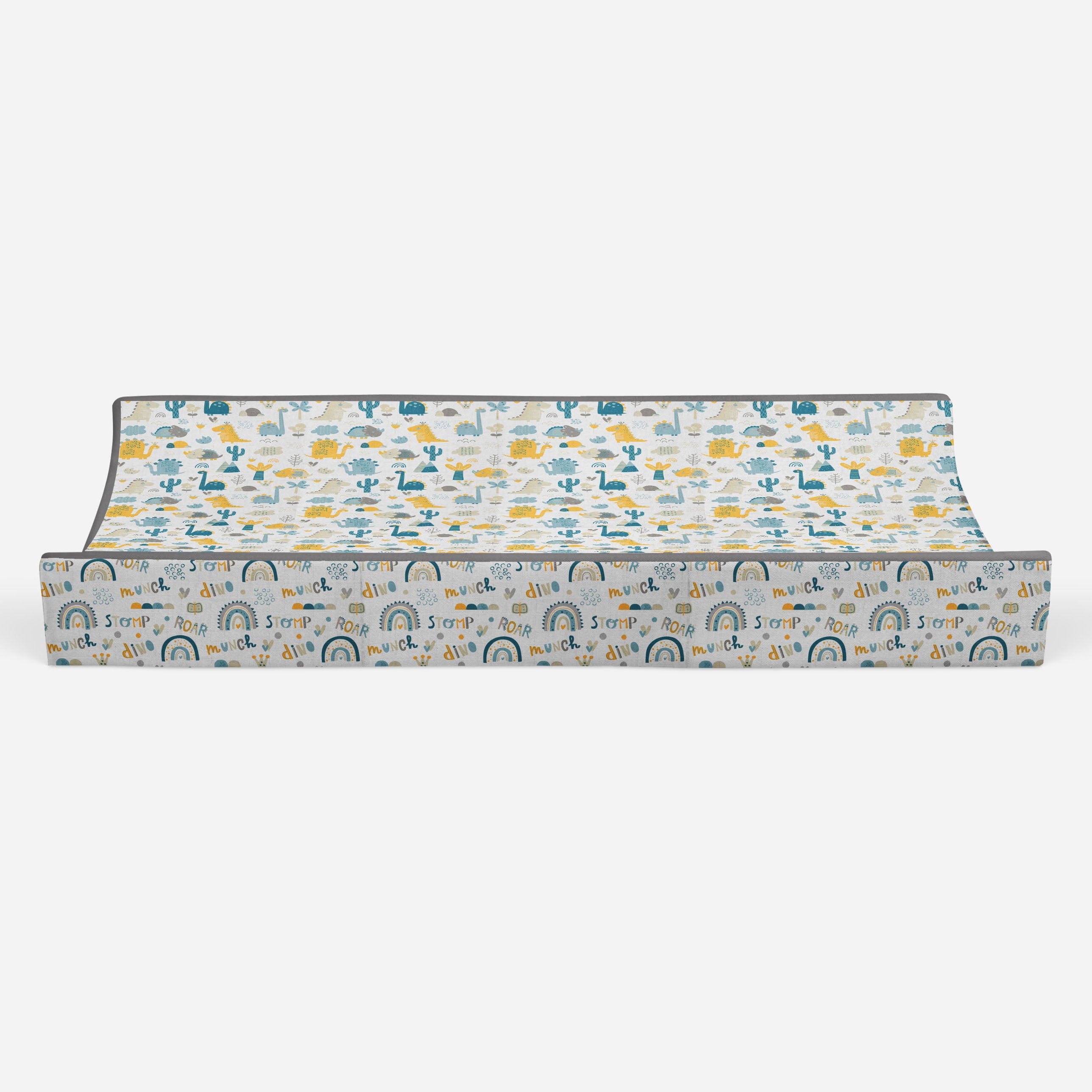 Bacati - Muslin Quilted Changing Pad Cover, Little Dino Boys Aqua/Teal/Yellow/Gray