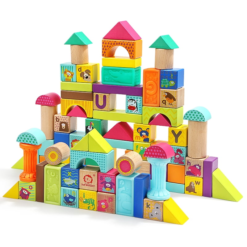 Hardwood Plain & Colored Wood Block for Boys & Girls Includes Carrying Container 100 Pcs Pidoko Kids Wooden Building Blocks Set