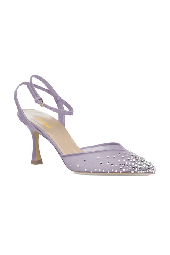 Women Sheer Mesh Pointed Toe Pumps Crystal Ankle Strap Mid Thin Heels Graceful Evening Bridal Shoes Size 7.5 Light Purple