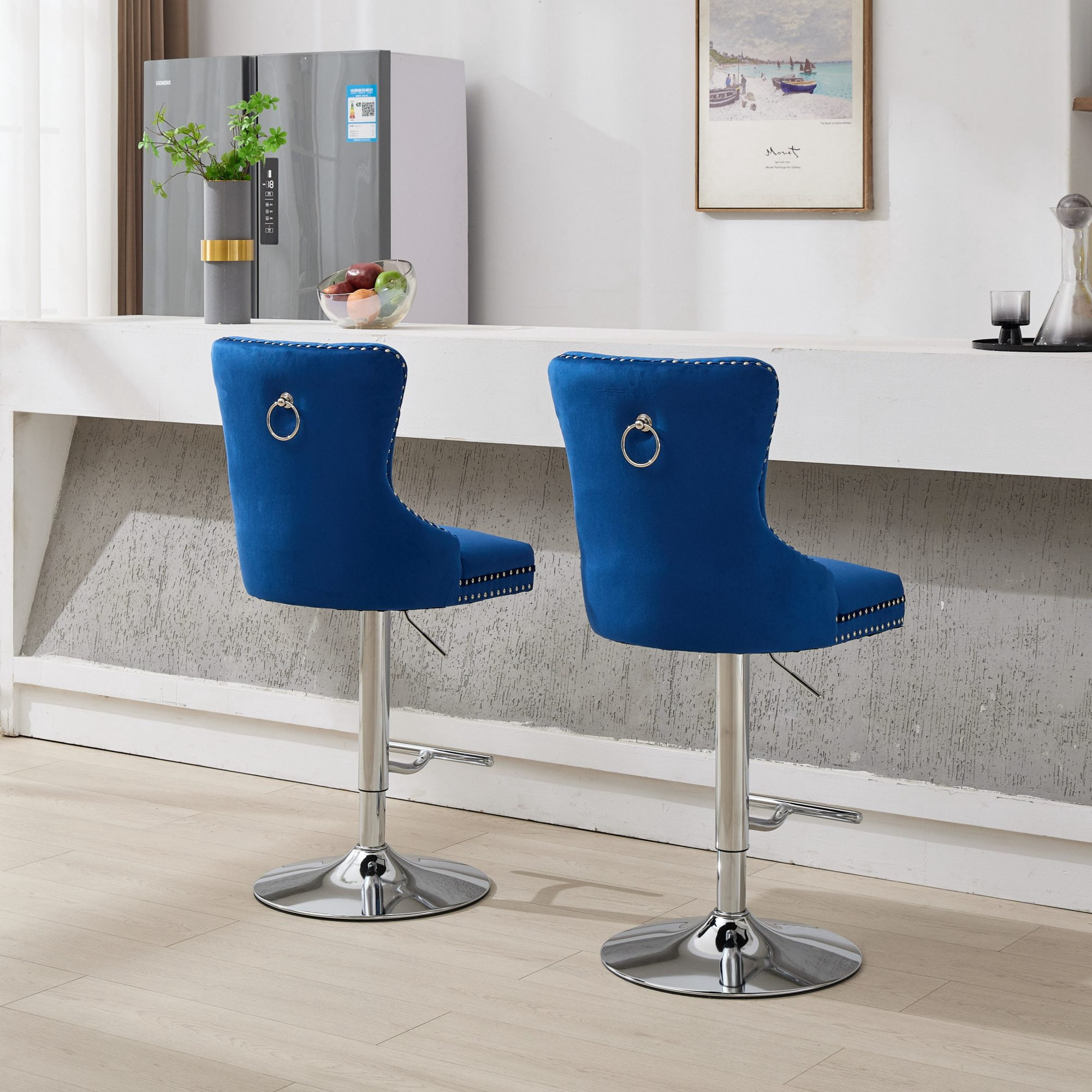 2-Piece Velvet Swivel Bar Stools, Adjustable Counter Height Dining Bar Chairs with Tufted Backrest and Nailhead Trim for Kitchen Island （Blue with Silver Leg）