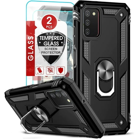 LeYi for Samsung Galaxy AO3s Case with Galaxy A03s Screen Protector [2 Pack], [Military-Grade] Magnetic Ring Kickstand Protective for A03s Galaxy Case, Black