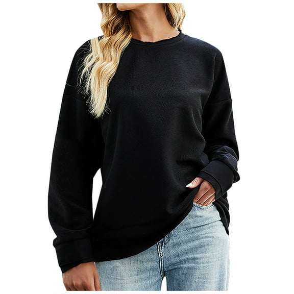 Tops for Women Crewneck Solid Color Long Sleeve Basic Blouses Casual Loose Fit Comfy Fall Pullover Sweatshirt