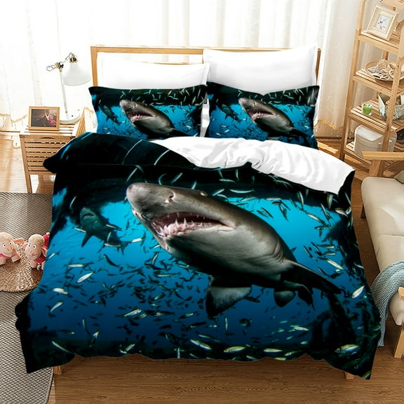 YJHDM Fierce Shark Bedding Set 3D Ocean Animal Down Duvet Cover Pillow Case 2/3pcs for Men and Boys