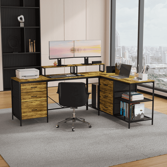 L-Shaped Desk with Power Hub, 114 in Convertible Corner Gaming Desk, 6 Drawers, 3 Shelves, Adjustable Monitor Stands, Steel Frame Home Office Table