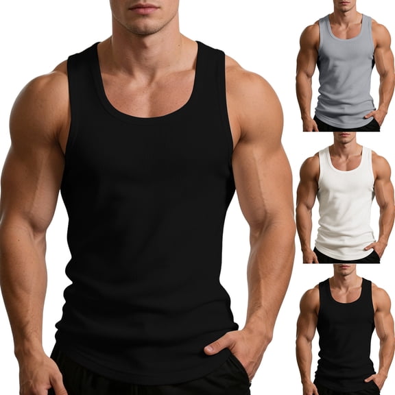 Men's Summer Ribbed Tank Top Scoop Neck Workout Gym Muscle Tank T-Shirt Sleeveless Undershirt Big and Tall Size L-4XL White