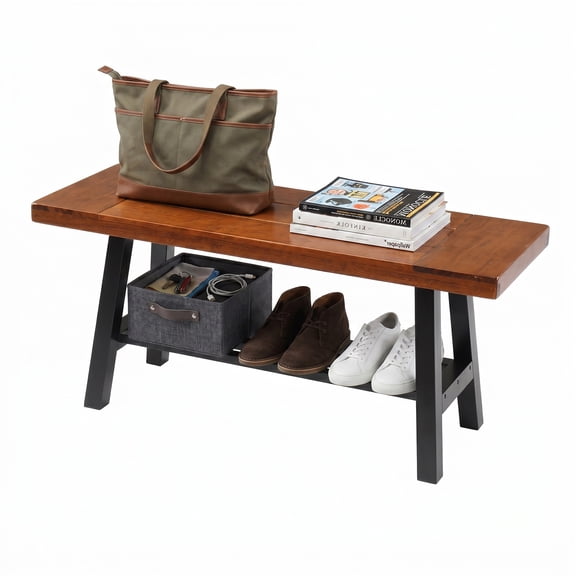 Ktaxon 40in Outdoor Wood Storage Bench, Rustic for Porch Garden Yard, Metal Legs, Natural
