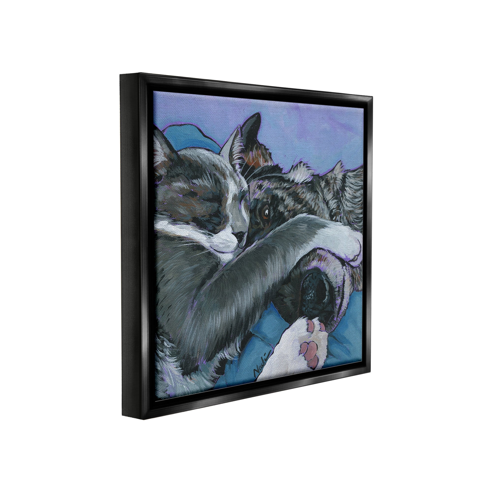 Stupell Industries Cat & Dog Sleeping Animals & Insects Painting Black Floater Framed Canvas Art Print Wall Art, 25 x 25