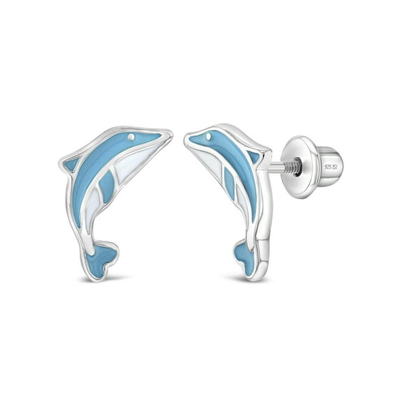 925 Sterling Silver Blue Enamel Leaping Dolphins Screw Back Earrings for Girls
