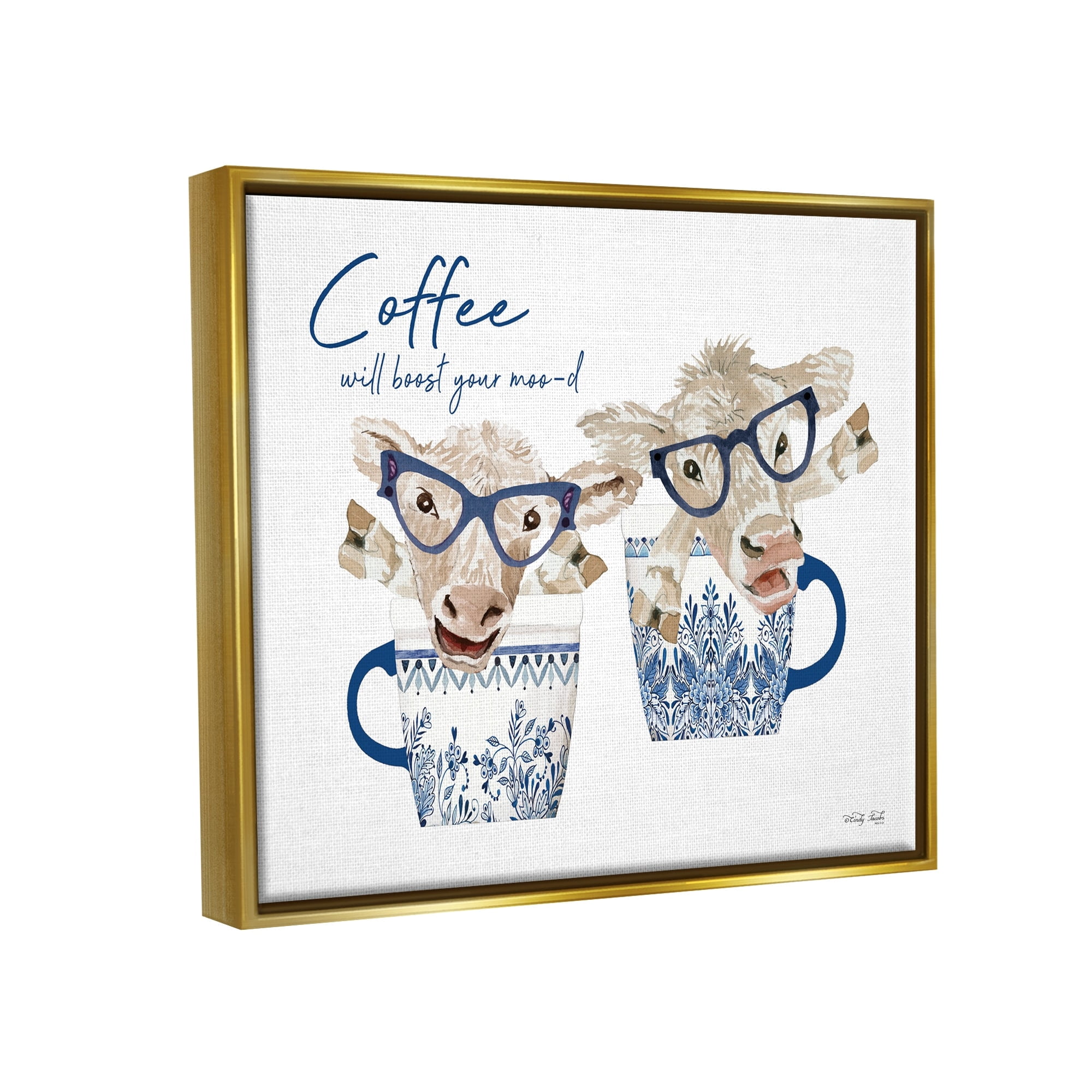Stupell Industries Boost Your Moo-d Humorous Farmhouse Cow Coffee Mugs Graphic Art Metallic Gold Floating Framed Canvas Print Wall Art, Design by Cindy Jacobs