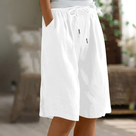 qolati Bermuda Shorts for Women Wide Leg Knee Length Summer Casual Long Shorts Loose High Waisted Drawstring Cargo Short with Pockets