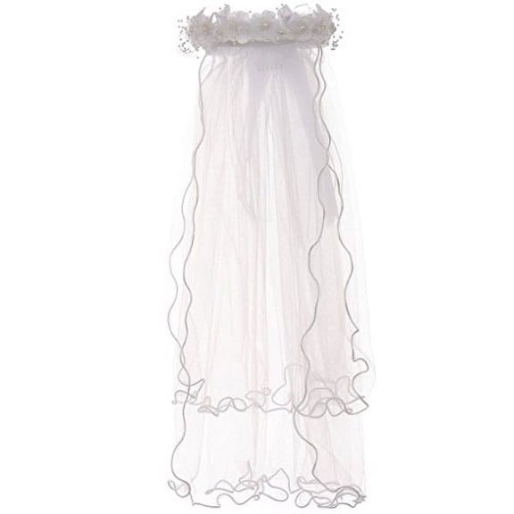 Pearl Accented Flower Crown Headband Tiara Mesh Wedding Communion Veil White T-102