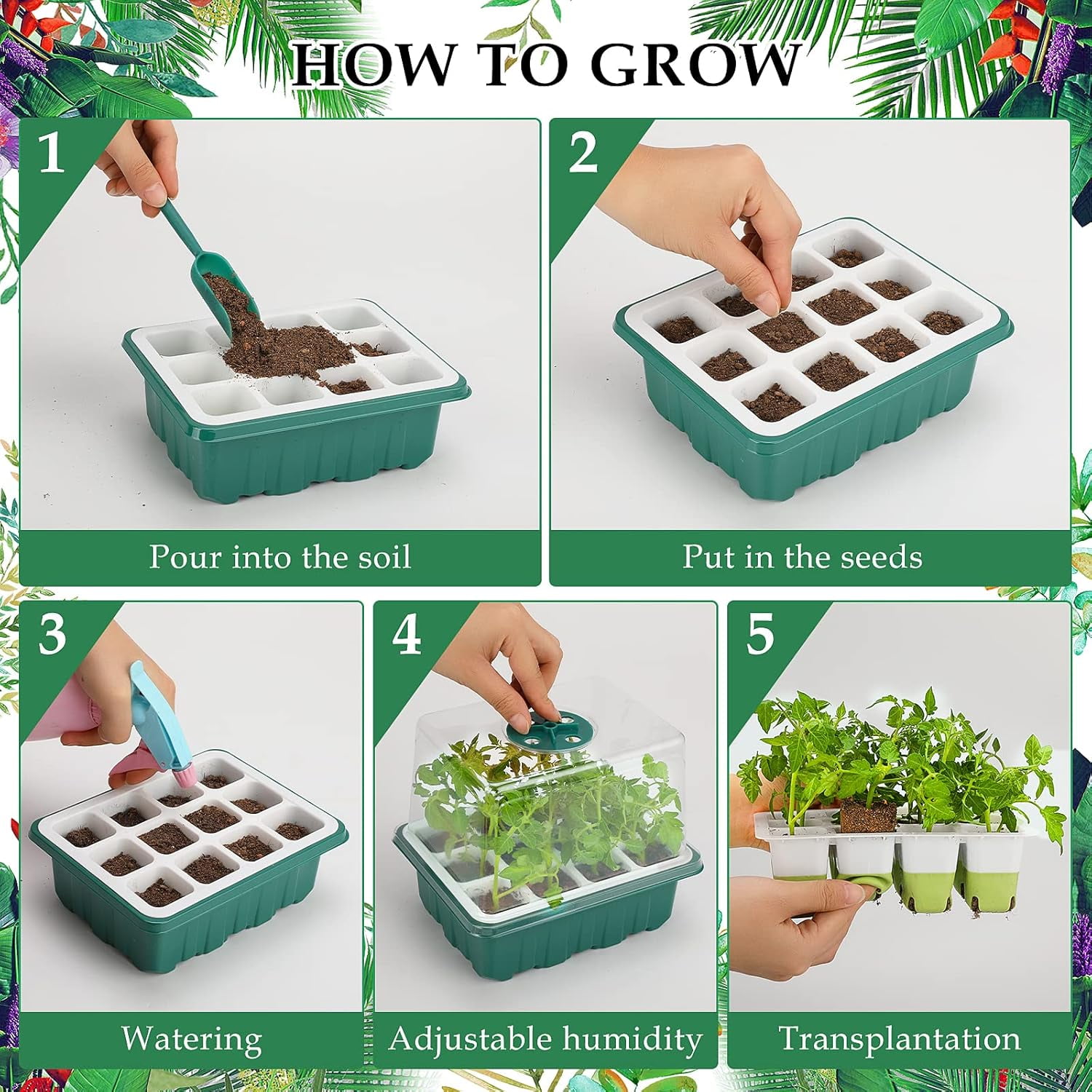 Seed Starter Tray, 24 Cells Indoor Seed Starter Kit, Flexible Silicone Designed Seedling Starter Trays, Germination Tray with Humidity Dome & Lids, Reusable & Dishwasher Safe