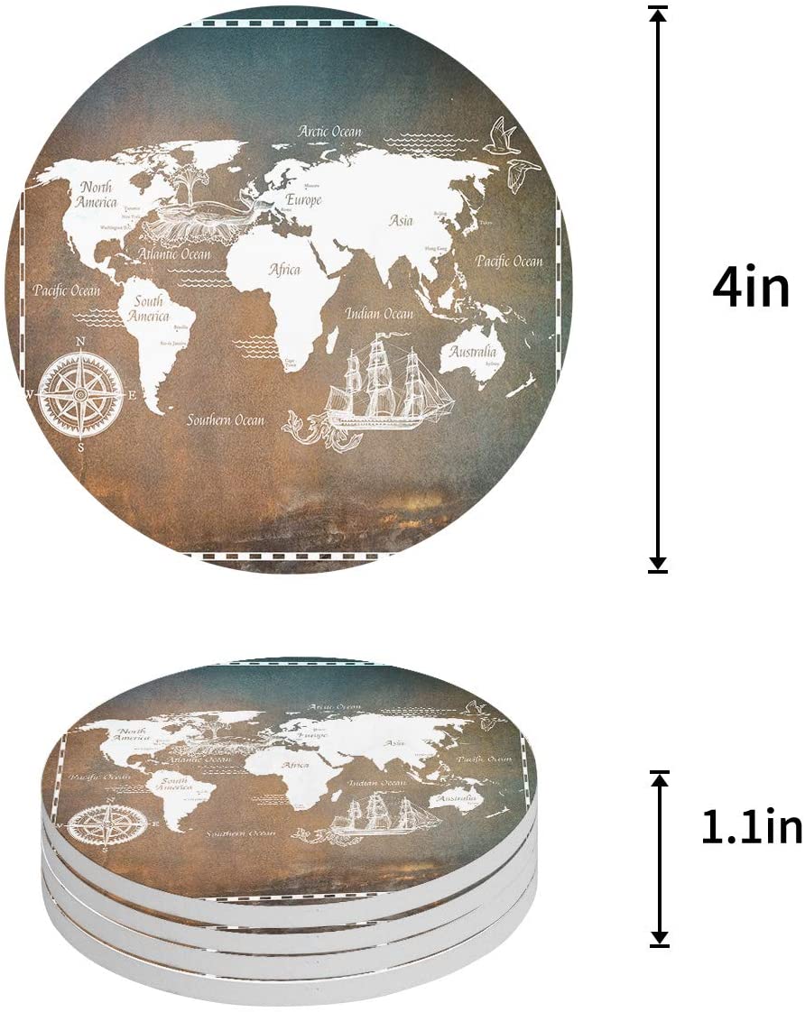 Round Map Coaster ZHANZZK Vintage Nautical Map Set of 8 Round Coaster for Drinks ...