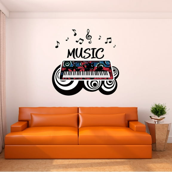 Music Wall Decal Piano with Geometric Pattern and Musical Notes Bedroom Wall Decal for Boys Instrument Cute Themed Room Décor - Size: 20 In x 20 In