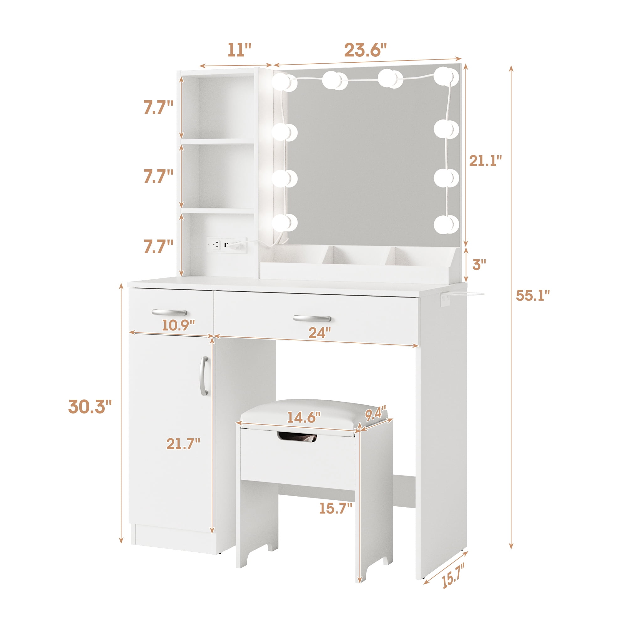 VEANERWOOD Makeup Vanity Desk with Lighted Mirror & Power Strip, Girls Dressing Table with Storage Shelves, White