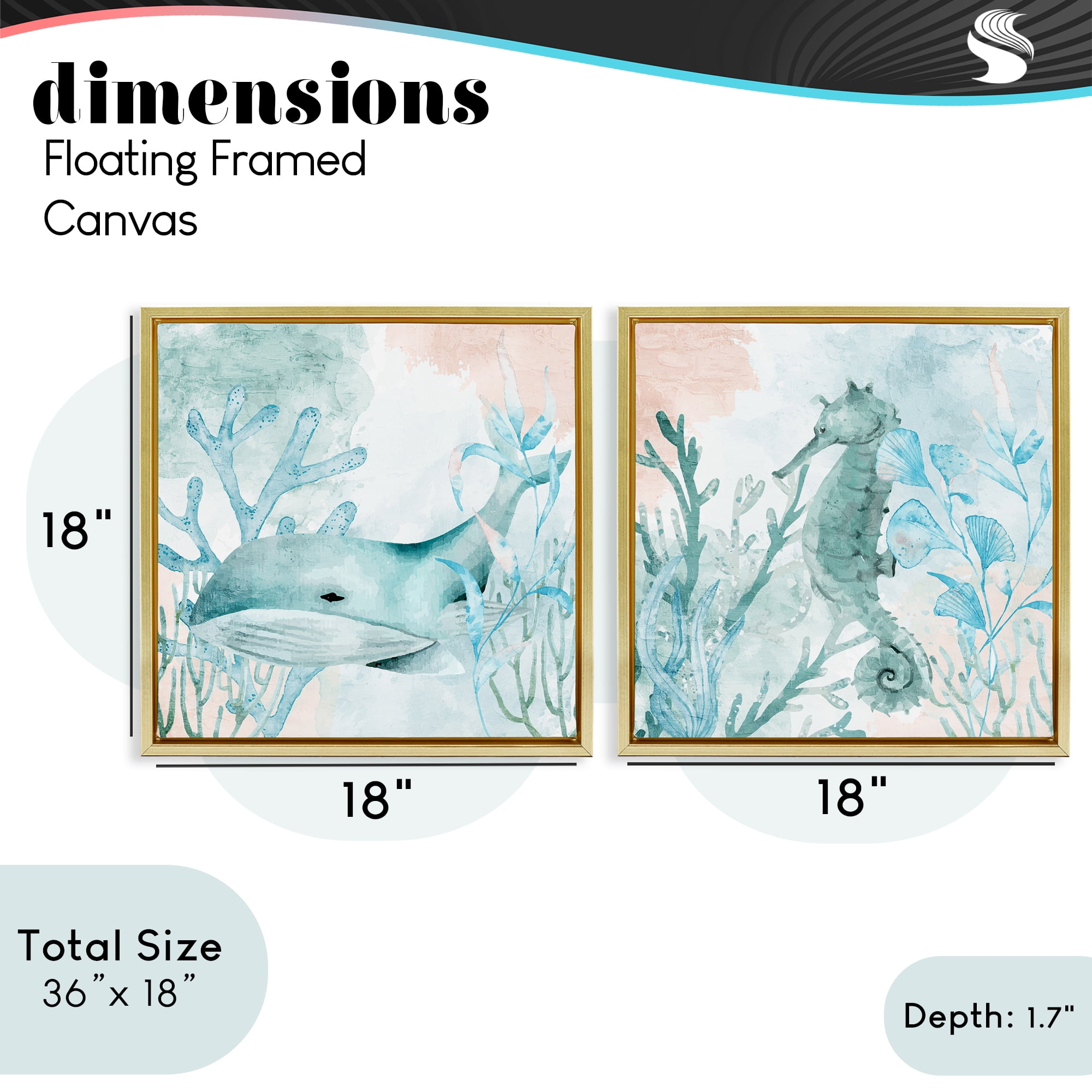 Stupell Industries Whale & Seahorse Sea Swim 2 Piece Gold Framed Floater Canvas Set, design by Kim Allen