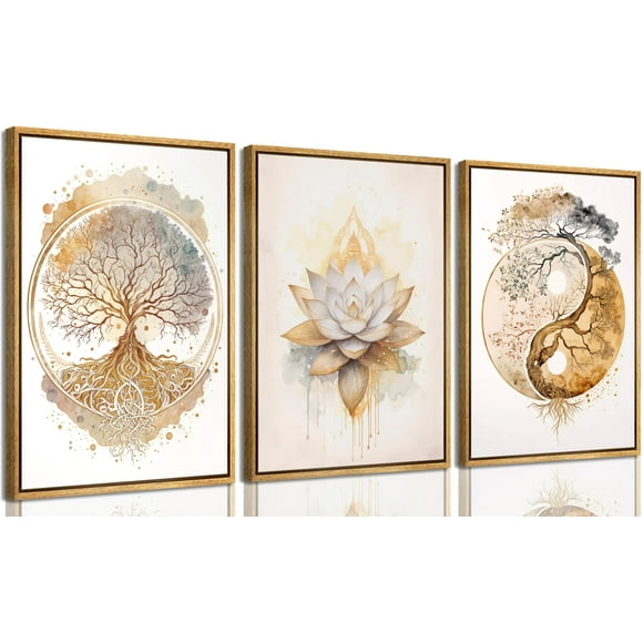 Set de 3 cuadros en lienzo con marco: Árbol de la Vida Dorado, Lotus Zen, Póster abstracto Ying Yang para sala, habitación de yoga, hotel y decoración del hogar con marco color madera