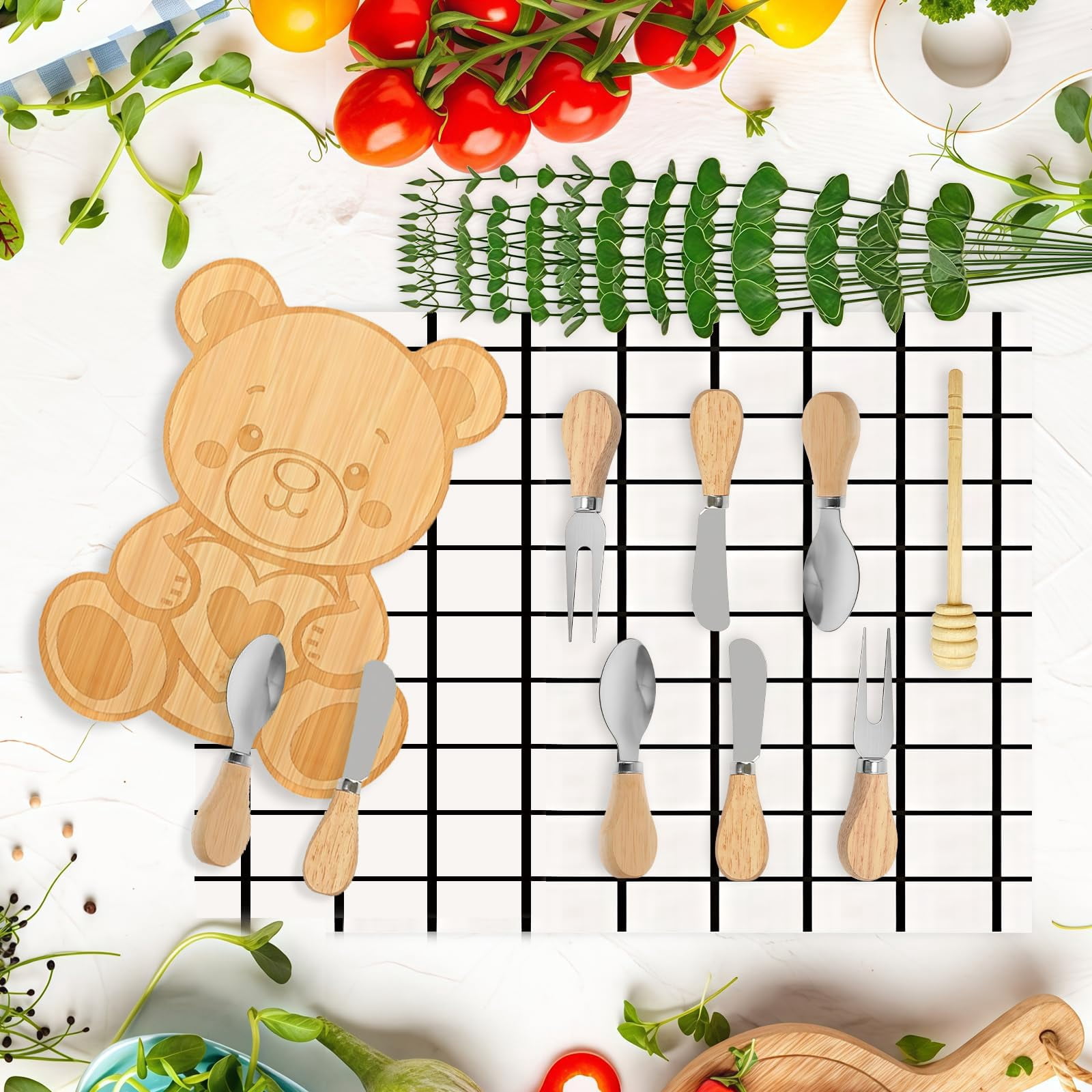 62 Pcs/6 Set Baby Shower Prizes for Game Winners, Bear Bamboo Cheese Board Gift for Guest with Knives Fork Spoon, Honey Sticks, Tablecloth, Eucalyptus Stem, Gift Bag, Bridal Shower Party Favors