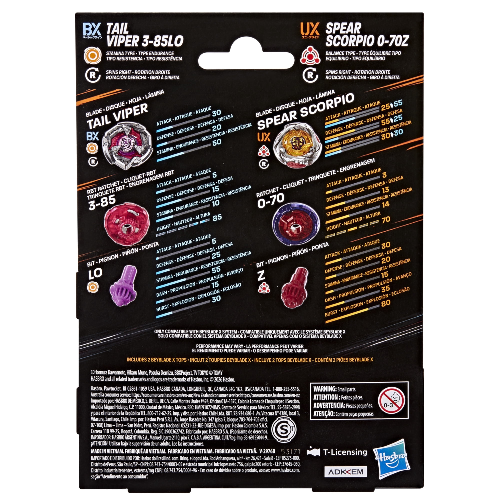 Beyblade X Spear Scorpio 0-70Z UX & Tail Viper 3-85LO BX Dual Pack Set, Ages 8+