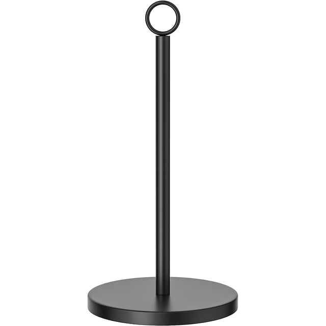 Black paper towel holder countertop by VORCOY, featuring a free-standing design with a sleek black steel finish. The holder includes a stable base with non-slip silicone pads to prevent sliding and protect surfaces. A circular cap on top secures the paper roll and allows for easy portability. Suitable for various standard-sized paper rolls, it measures 13.48 x 6.69 x 6.69 inches and is ideal for use in kitchens, bathrooms, bar tables, and outdoor barbecues.