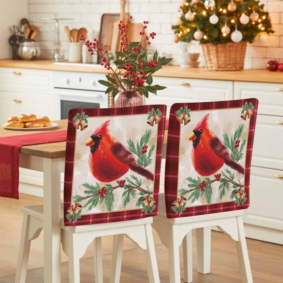 Christmas Cardinal Chair Covers Set of 4 Red Bird Berry Holly Bells Red Plaid Chair Back Covers Stretch Removable Washable Slipcovers Protector for Dining Room Kitchen Party Decor