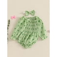 thumbnail image 2 of Okbabeha Newborn Baby Girl St Patricks Day Outfit Ruffled Irish Clover Long Sleeve Bubble Romper Smocked Bodysuit Jumpsuit Spring Holiday Clothes Headband, 2 of 8