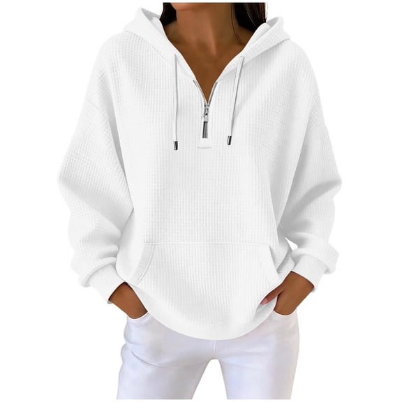 UTSJKR Quarter Zip Hoodie Women Mokaloha Unisex Shirts Long Sleeve Waffle Solid Color Sweatshirt 1/4 Zip Pullover with Pockets White XXL