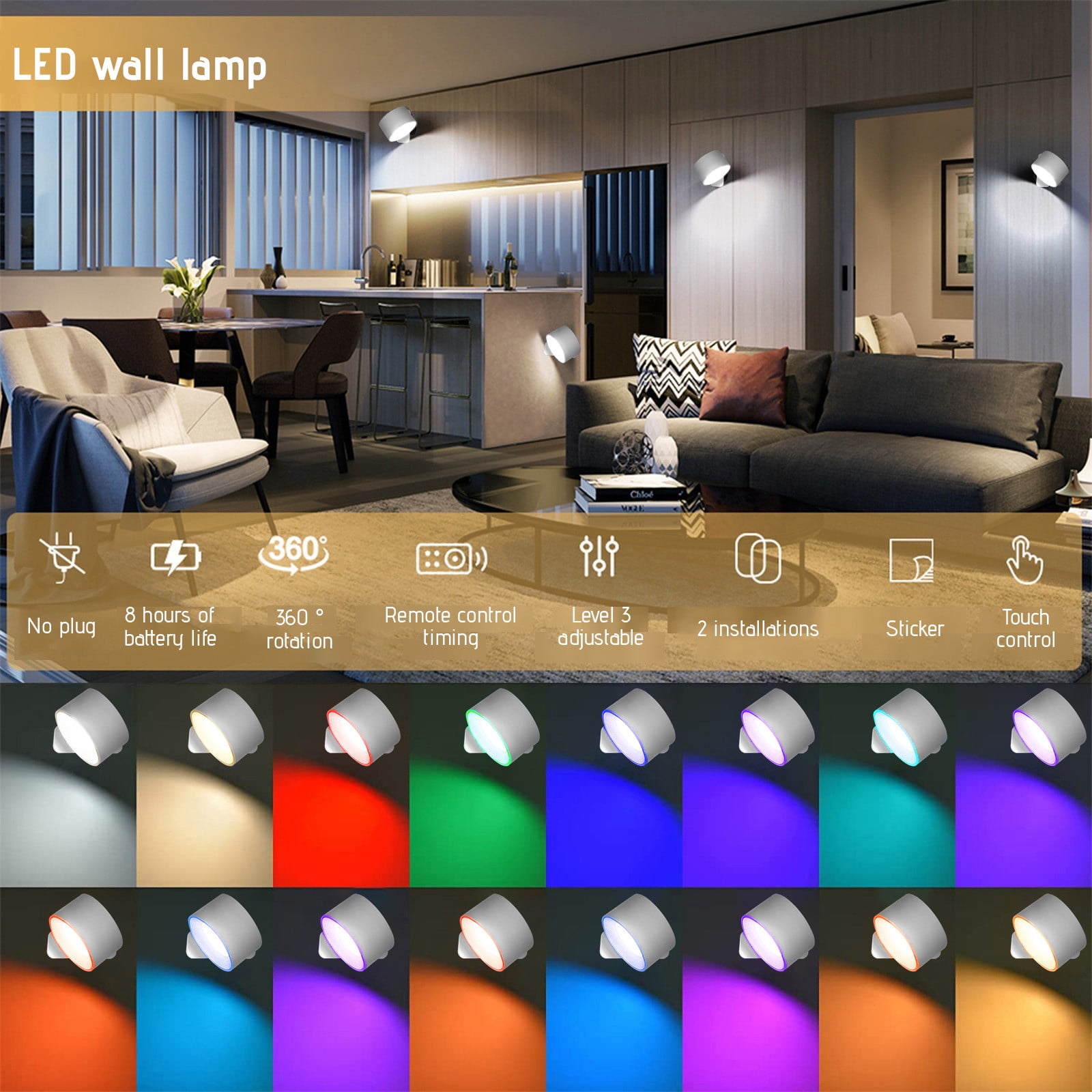 Gnmfd Up & Down LED Wall Sconce 4 Color Temperature Dimmable Battery Operated Touch Remote Control Reading Bedside Night Light RGB Ambience Lamp Lights for Bedroom