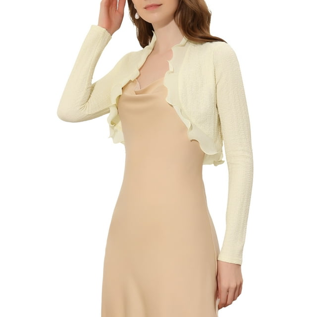 INSPIRE CHIC Women's Elegant Ruffle Collar Crop Cardigan Open Front Knitted Shrug Top XS Beige