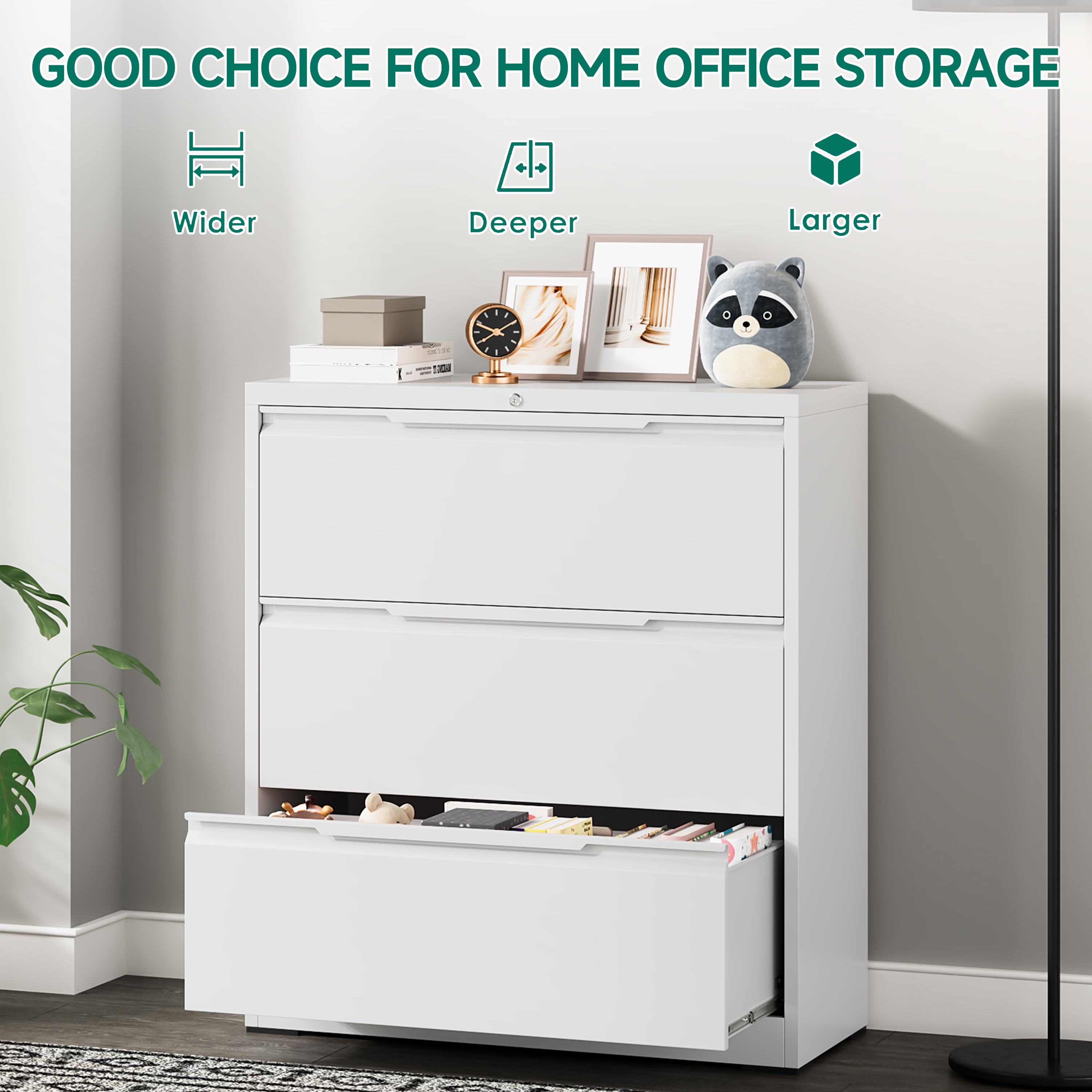 Kooyon 3 Drawer White Lateral File Cabinet with Lock, Metal Filing Cabinet for Home Office, Fits Letter/Legal/A4-Assembly Required