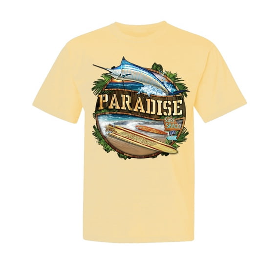 Wild Bobby, Paradise Surf Shack Marlin, Garment-Dyed Washed Look Short Sleeve Tees, Banana, X-Large