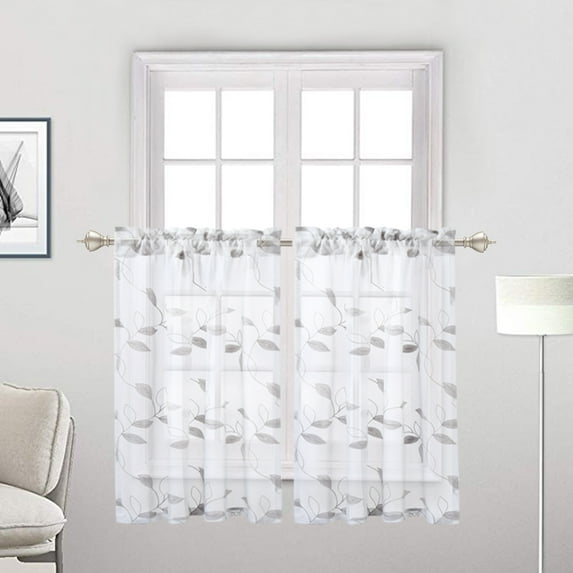 Haperlare 2 Panels 26"W x 24"L Sheer Kitchen Curtains Leaves Embroidery Cafe Curtains Half Window Curtain Set for Bathroom, White/Gray