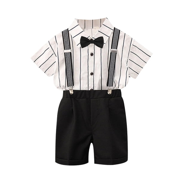 Odeerbi Chicos 4 Piezas Caballero Traje Formal Preppy Vestido de Manga Corta Camisa de Vestido + Traje Pantalones Cortos + Colgantes + Corbata Colegial Conjunto de Uniforme