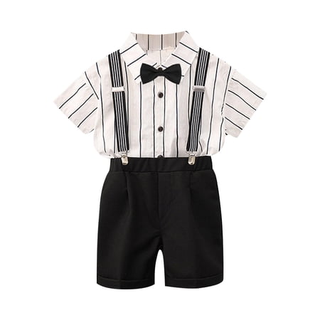 SELONE 4 Piece Sets for Boys Performance Uniform Stripes Button Down Shirts Overall Shorts Bow Tie 4 Piece Outfit 1-12Y